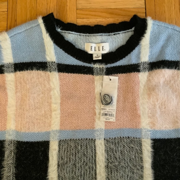 Elle Fuzzy Plaid Cozy Dressy Sweater Soft Check Knit Pullover Scallop Neckline - Picture 4 of 6